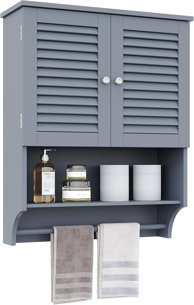 ChooChoo Bathroom Wall Cabinet with Towels Bar, 23.6" L x7.9 W x27.5 H MDF Material Medicine Cabinet, 2 Doors Over The Toilet Space Saver Storage Cabinet with Large Space, Grey