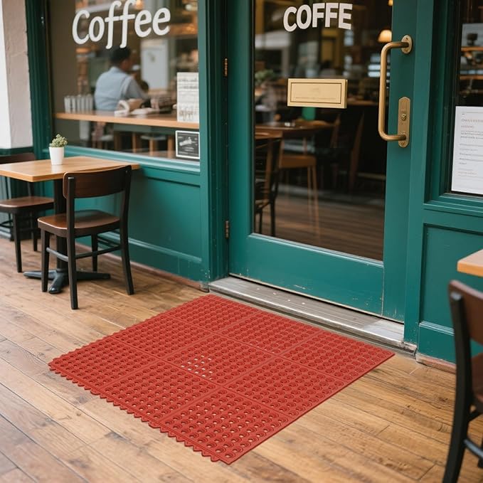 ROVSUN Rubber Floor Mat with Holes, Anti-Fatigue/Non-Slip Drainage Mat, for Industrial Kitchen Restaurant Bar Bathroom Utility Garage Pool Entry Door Mat, Indoor (36''x 36'' Red 1Pcs)