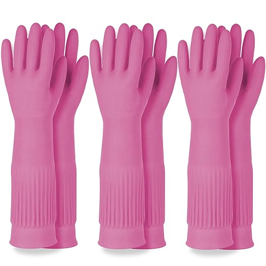DABOGOSA Mamison 2 Pairs Reusable Waterproof Household Dishwashing Cleaning Rubber Gloves, Non-Slip Kitchen Glove (Pink, XL (Pack of 3))