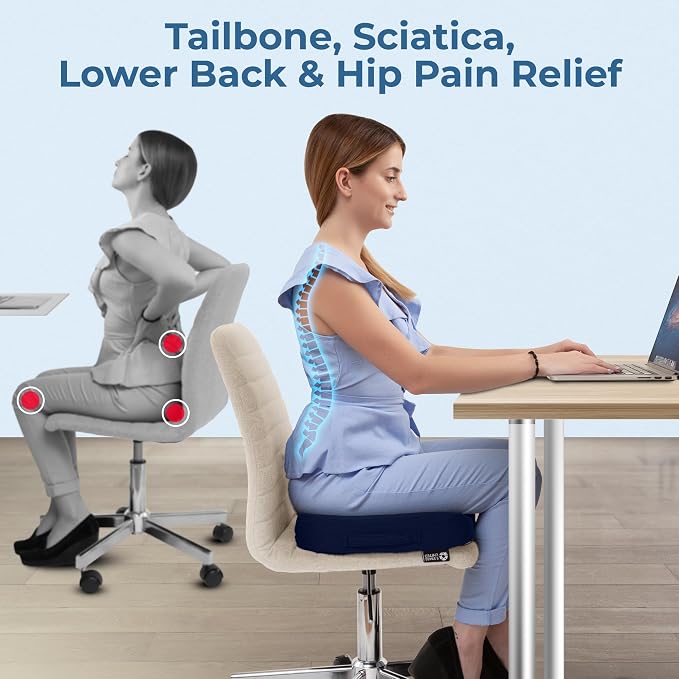 5 STARS UNITED Seat Cushion - Memory Foam Chair Cushion for Tailbone Pain Relief - Ergonomic Support for Coccyx, Sciatica & Butt - Office, Desk & Gaming Chair, Car Seat, Wheelchair, Airplane, Blue