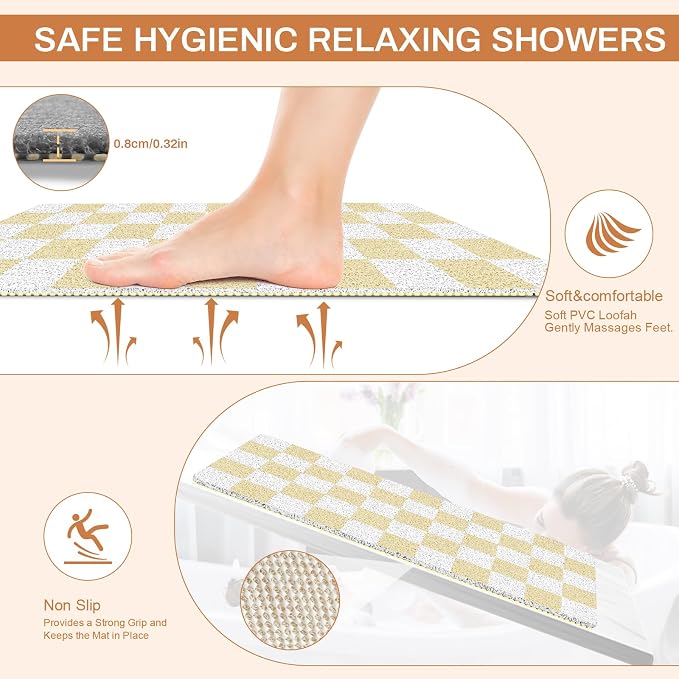 Square Loofah Shower Stall Mat 24"x24", Quick Drying Shower Mats with Drain, PVC Loofah Bath Mat for Wet Room & Bathroom Floor, Soft Textured & Elderly Safe, Washable & Resistant, Beige Checkered