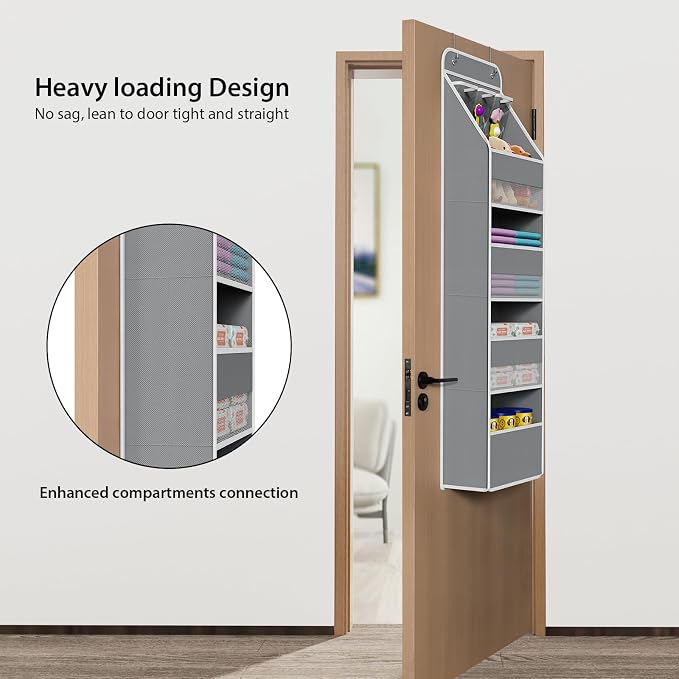 Univivi 5-Shelf Space Saving Door Storage Over Door Hanging Organizer with 4 Large Capacity Roomy Pockets Closet Cabinet Wall Mount Hanging Easy Install Storage Organizers for Baby Nursery (Grey)