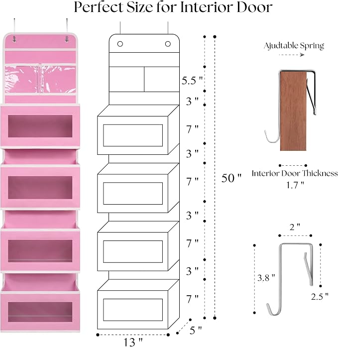 Giraffe Creation Pink Over Door Organizer with 4 Large Clear Pockets, Hanging Door Storage for Nursery, Bedroom, Bathroom, Closet, Toys, Diapers, Cosmetics, Baby Essentials