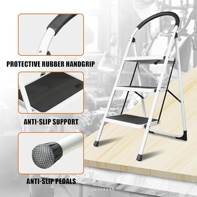 Jack Boss 3 Step Ladder, Folding Lightweight Step Stool with Wide Anti-Slip Pedal for Home, Office, Kitchen and Garage, Service Height 27.2 inch, 400 lbs Capacity