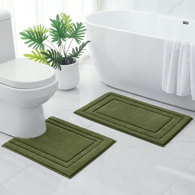 HOMEIDEAS Bathroom Rugs Sets 2 Piece, Super Soft and Absorbent Non Slip Microfiber U-Shaped Toilet Bath Mat Set (20"x32"+U20 x24, Sage Green)