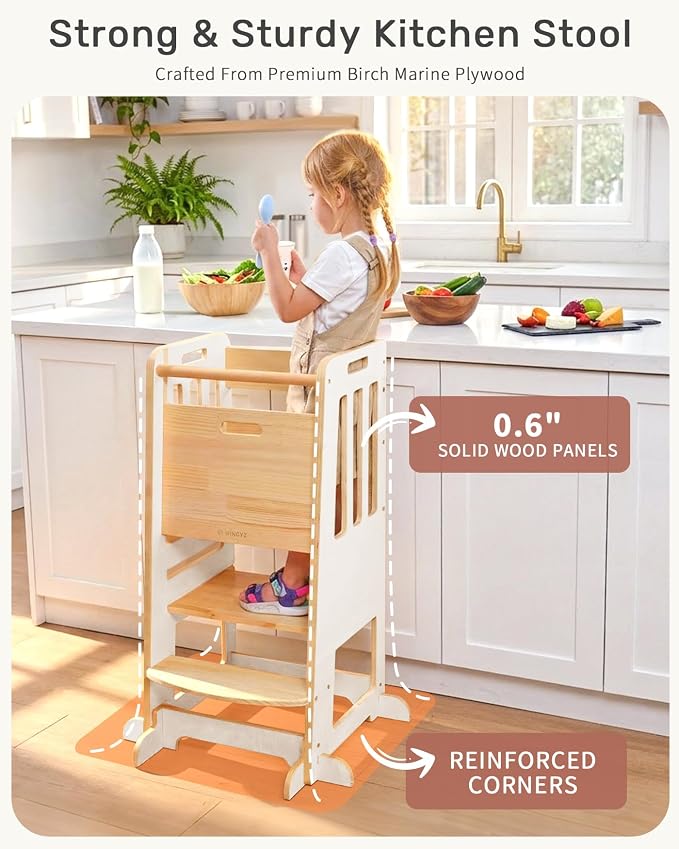 WINGYZ Toddler Tower - Anti-Tip Natural Wood Learning Stool Helper for Kids 18M-6Y, 150lb Capacity Kitchen Stool with 3-Height Adjustable Platform and Sliding Door Access, 20lb Portable Design, White
