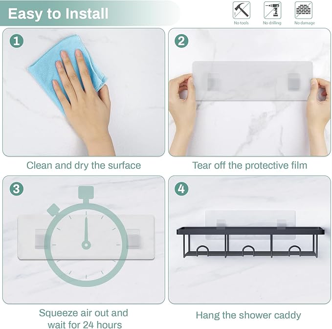 Shower Shelves for Inside Shower, 2 Pack Adhesive Bathroom Caddy Organizer Basket Rack for Storage and Organization, Wall Suction Bath Bathtub Shampoo Holder Set for RV Camper, Black
