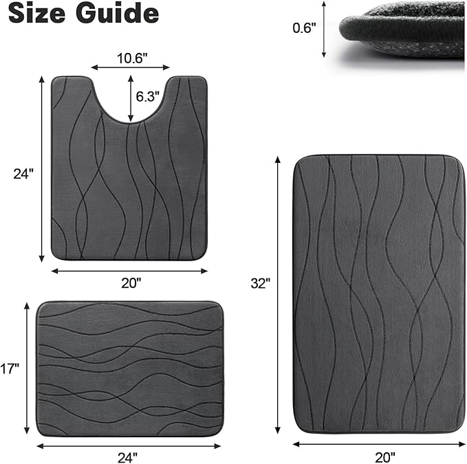 YIHOUSE Memory Foam Bathroom Rug Set, 3 Pieces - Dark Grey (Ultra Soft, Absorbent, Non-Slip, Machine Washable) | Ultra Soft, Absorbent, Non-Slip, Machine Washable