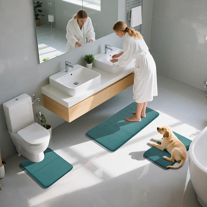 Yimobra 3 Pieces Memory Foam Bath Mat Set with U-Shaped Toilet Rug - Non Slip Super Soft Absorbent Quick Dry Bathroom Rugs for Bathtub, Vanity & Toilet Base, Teal