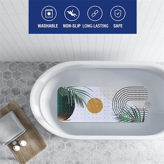 Bathtub Mat Non Slip Boho 40x16in Palm Leaves Extra Long Bohemia Bath Mat for Tub Abstract Art Anti Slip Shower Mat for Bathroom with Large Drain Holes and Suction Cups Quality Bath Mats Decor