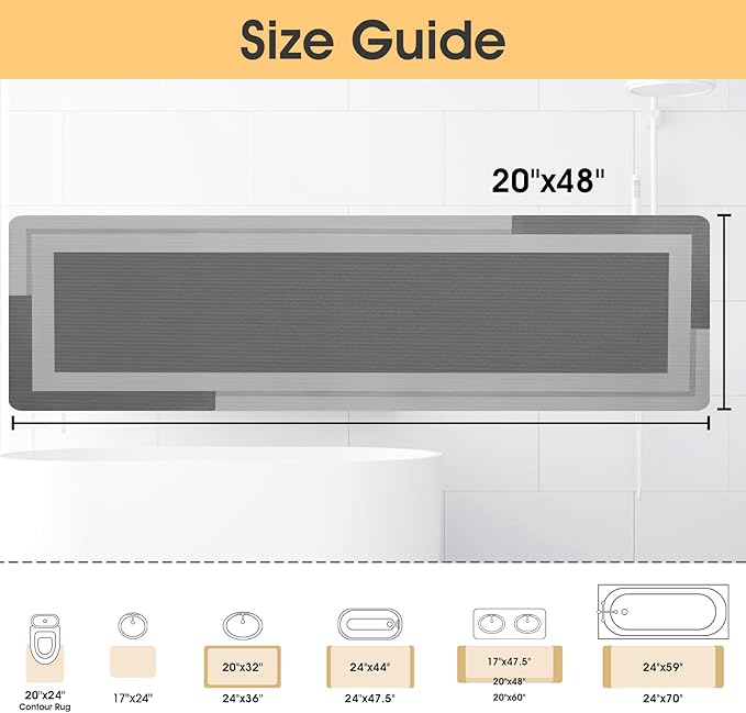 ACCUMTEK Non Slip Bath Mat, Thin Bathroom Rugs Fit Under Door, Quick Dry Bath Mats, Machine Washable Bath Rugs for Bathroom, Bathtub & Kitchen, Grey/Bordered/48 x20