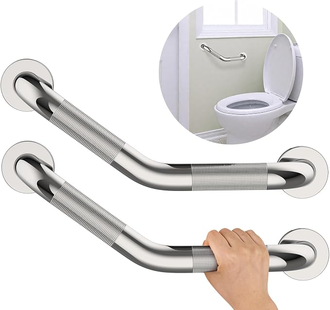 16 Inch Angled Shower Grab Bar, Munzong Anti Slip Satin Brushed Nickel Bathroom Grab Bar, Knurled Bathroom Balance Bar,Safety Hand Rail Support Handicap Elderly Injury Senior Assist Bath Handle