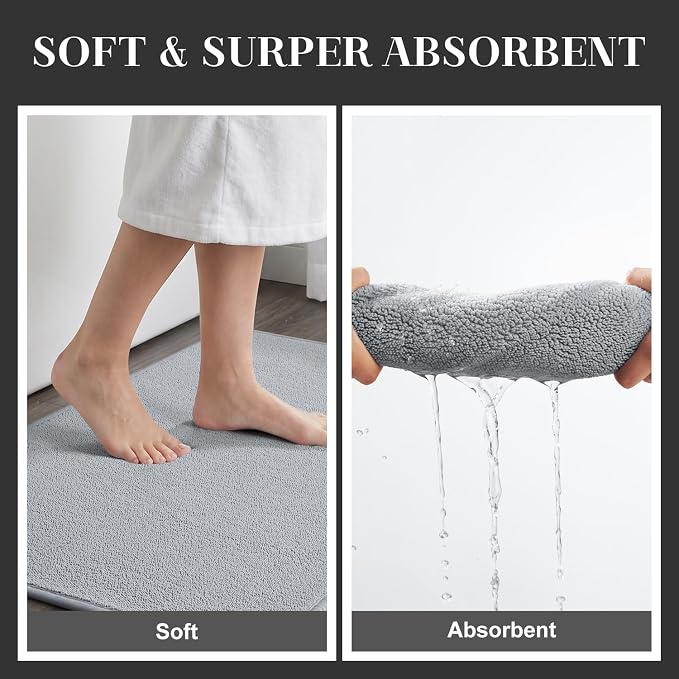 MontVoo Quick Dry Bath Mat, Super Absorbent Bathroom Rug, 3D Honeycomb Mesh Base Non Slip Bath Mats for Bathroom, Machine Washable Low Pile Bath Rug for Bathtub Front, Shower, Sink, Grey 20"x31"