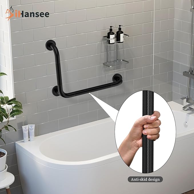 L-Shaped Angled Grab Bar 12x16 Inch Matte Black Anti-Slip Knurled Shower Handles Wall Mount, Stainless Steel Shower Bars for Seniors Injured Balance Support, Handicap Grab Bars for Bathtubs & Showers