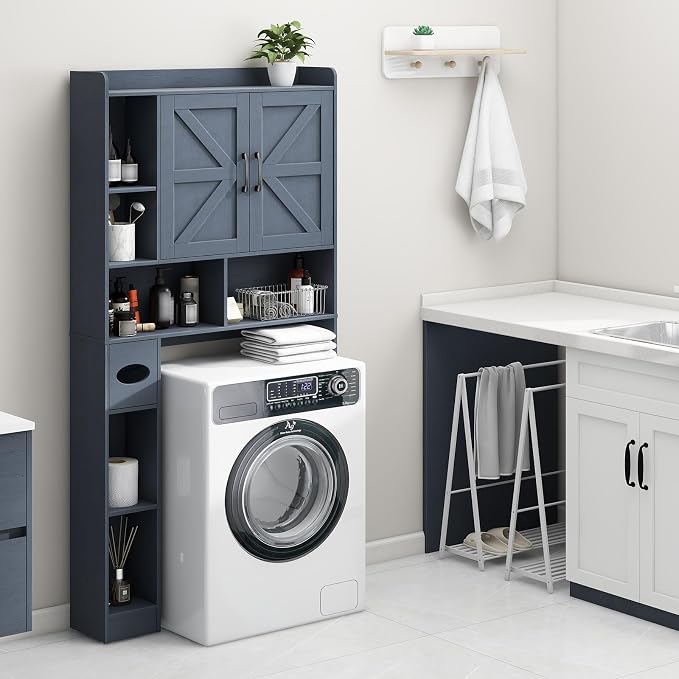Vabches Over The Toilet Storage Cabinet, Farmhouse Storage Cabinet Over Toilet with 2 Barn Door & Toilet Paper Holder Stand，Home Space-Saving Toilet Rack, for Bathroom, Restroom, Laundry,Blue
