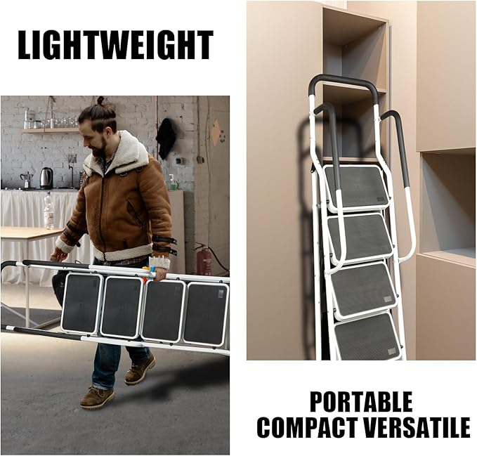 Big Red 4 Step Ladder, 400 Ergonomic Folding Stool with Anti-Slip Pedal, Step Stool with Padded Handle for Kitchen, Household, Offices, ATRJZ9034XR, Torin