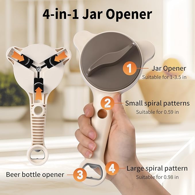 4-in-1 Jar Opener for Seniors & Arthritis Sufferers – Adjustable Stainless Steel Lid Remover & Can Opener for Weak Hands, Fits All Jars and Bottles, Kitchen Must-Have.