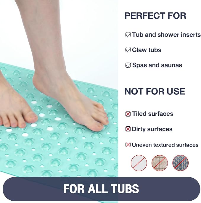Extra Long Bathtub Mat Non Slip, Clear Green Soft Bath Mat for Tub 40 x 16 Inch Full Size, Bath Tub Shower Mats for Bathroom Floor, Big Suction Cups and Drain Holes, Easy Washable, BPA Free
