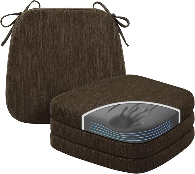 baibu Kitchen Chair Cushions Set of 4, Dual-Layer Patented Design Memory Foam Dining Chair Pads with Ties and Washable Cover, 4 Pack, 17" x 16" x 2", Dark Brown