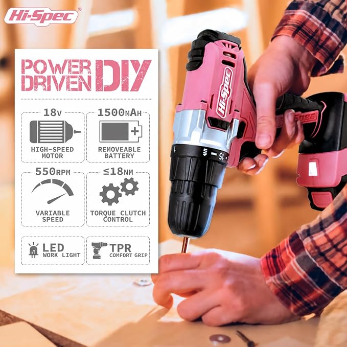Hi-Spec Cordless Drill Tool Set: Pink Power Drill for Women used for DIY, Building and Fixing Tasks Easy to use All In One Set in Pink Color Stored in a Case 81 Pieces