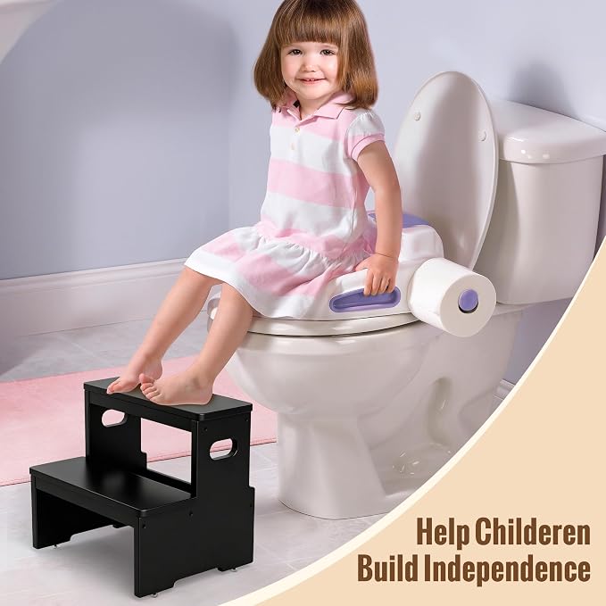 Two Step Stool for Adults and Kids, 450lbs Heavy Duty Step Stool, Bamboo Step Stool for High Beds, Portable Helper Step Stairs for Kids, for Kitchen, Bathroom, RV, Bedside Step Stool, Black