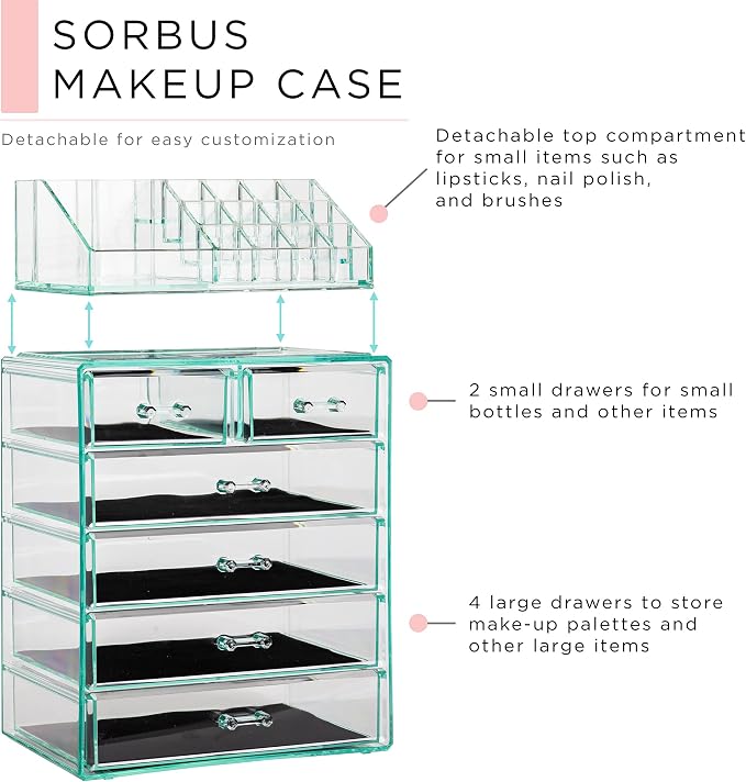 Sorbus Acrylic Makeup Organizer Set, 6-Drawer Vanity & Countertop Cosmetic Storage with Small & Wide Compartments, Teal Thrill Makeup Storage for Brushes, Jewelry – Holiday Gift for Women & Teens