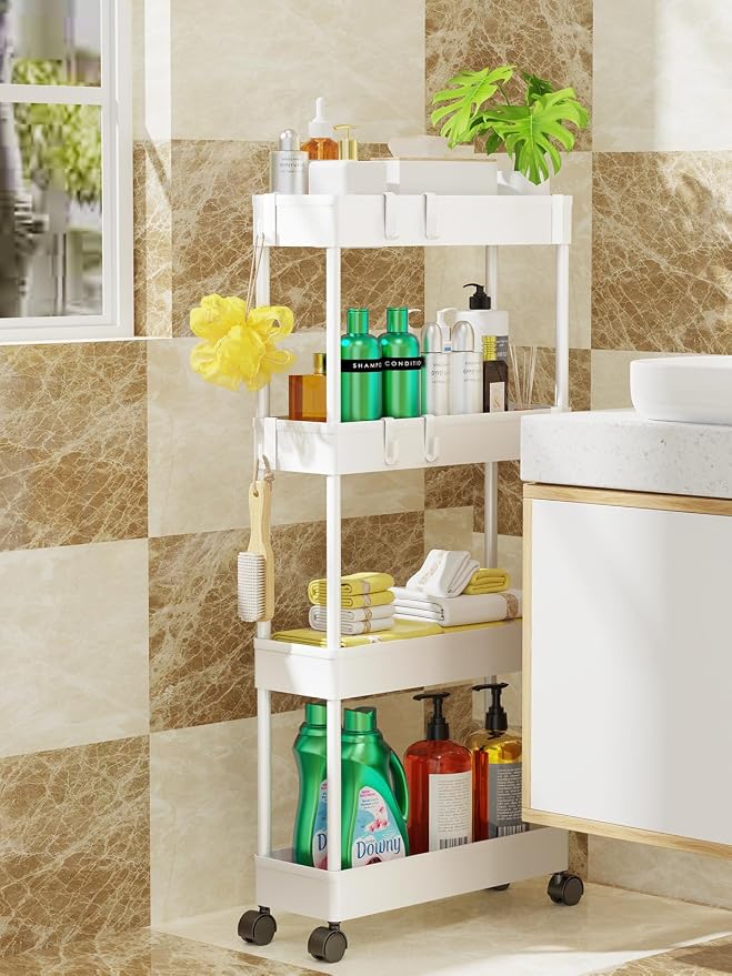 LEHOM 5.1" Slim Storage Cart - 4 Tiers Bathroom Organizer Mobile Shelving Unit Storage Rolling Utility Cart Slide Out Organizer for Kitchen Bathroom Laundry Narrow Places, White