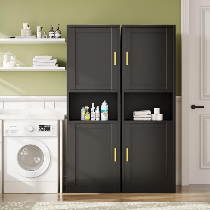 67" H Metal Tall Narrow Storage Cabinet, Freestanding Floor Cabinet with 2 Doors and Adjustable Shelves, Pantry Storage Cabinet for Bathroom, Living Room, Entryway and Kitchen (Black)