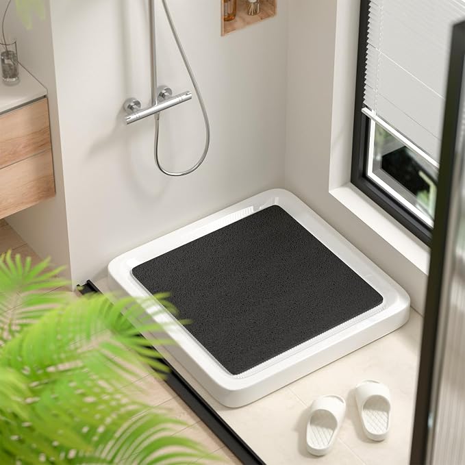 HITSLAM Square Shower Stall Mat, 21 x 21 Inch Non Slip Bath Mat for Tub, Soft PVC Loofah Bathtub Mats, Quick Drying Bathroom Shower Mat Anti Slip, Soft on Feet, Black