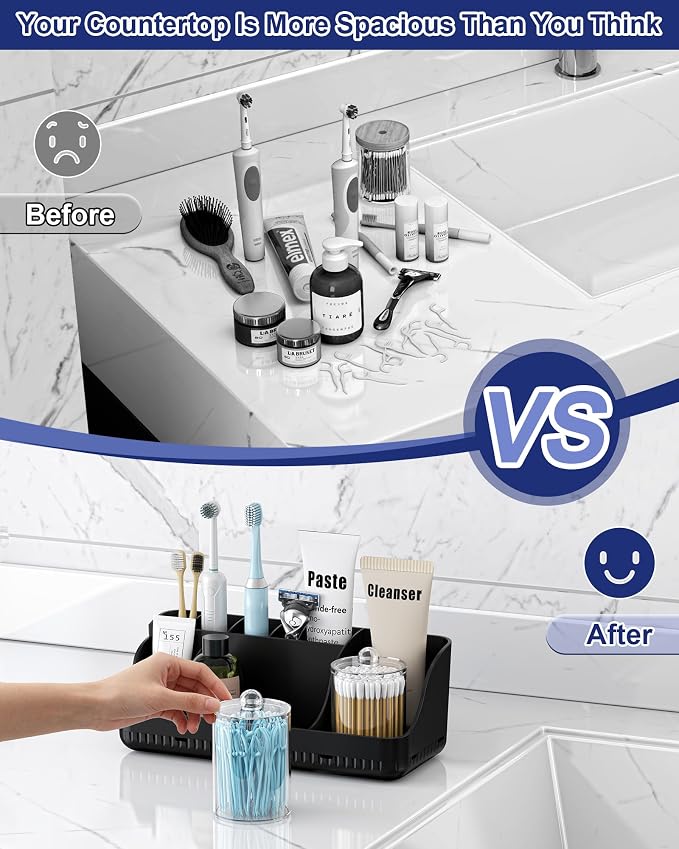 Bathroom Counter Organizer and Storage with 2 Pack Qtip Holder Dispenser, 7 Slots Detachable Toothbrush Holders for Bathrooms, Anti-Slip Electric Toothbrush and Toothpaste Holder Countertop