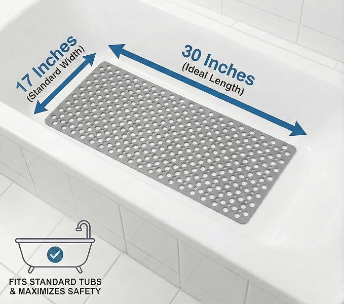 Nonslip Bath Tub Shower Mat with Suction Cups, Extra Soft TPE Bath Mat for Kids, Bathtub Bathroom Mats, Machine Washable, Smooth/Non-Textured Tubs Only, 30L x 17W Inch (Light Gray)