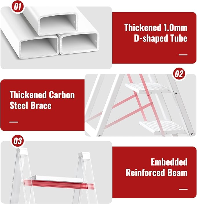3 Step Ladder, Aluminum Folding Step Stool with Anti-Slip Sturdy and Wide Pedal, Lightweight Portable Stepladder for Home and Kitchen Use Space Saving, Cream White, 330 lbs