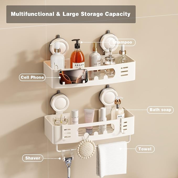 Voldra Shower Caddy Suction Cup, Shower Shelves for Inside Shower No Drilling, Aluminum Suction Showers Organizer for Wall with Towel Bar & Hooks Removable Bathroom Storage Rack (2 Pack-Cream White)