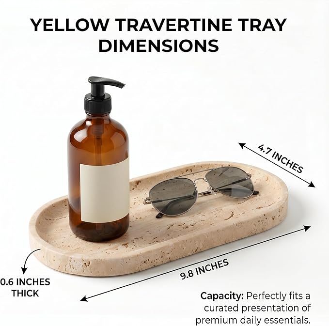 YKAJO Oval Real Marble Tray for Bathroom Kitchen Counter Stone Decorative Vanity Tray for Dresser Perfume Heavy Catchall Organizer for Soap Jewelry (Yellow Travertine, 9.8" x 4.7")