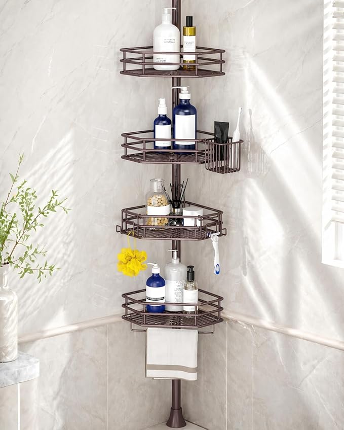 SEIRIONE Corner Shower Caddy Tension Pole, Quick Setup, Rust-Free Bathroom Shower Organizer Corner for Bathtub Shampoo Storage, 4-Tier Adjustable Shelf, Drill Free, Fits 34 to 116 Inch Height, Bronze