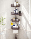 SEIRIONE Corner Shower Caddy Tension Pole, Quick Setup, Rust-Free Bathroom Shower Organizer Corner for Bathtub Shampoo Storage, 4-Tier Adjustable Shelf, Drill Free, Fits 34 to 116 Inch Height, Bronze