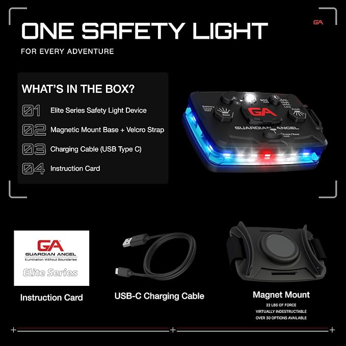 Guardian Angel Elite Series Safety Light (Blue/White Front & Blue Rear) - Rechargeable, Magnetic, Hands-Free Wearable LED Flashlight for Law Enforcement, First Responders, Firefighters, & Rescue Ops