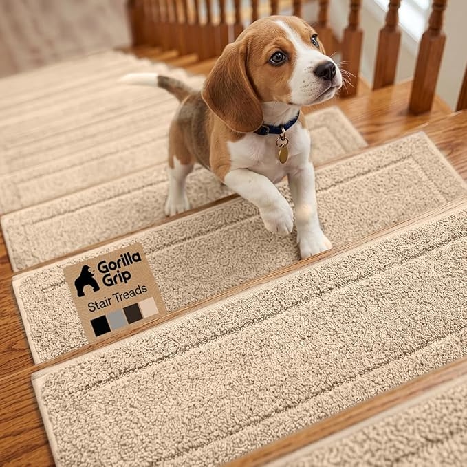 GORILLA GRIP Peel and Stick Stair Treads,15 Pack, for Wooden Steps, Multi-Surface Use, Machine Washable Carpet Runners, Indoor Rugs for Stairs, Pet Friendly, Universal Size,Beige, 8x28 Inches