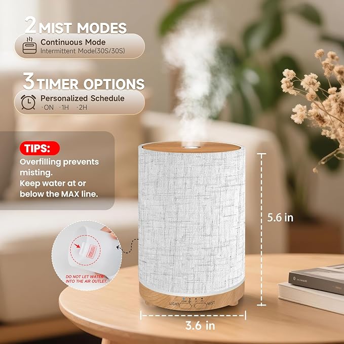 URPOWER 100ML Essential Oil Diffusers for Home with Linen Cover 7 Color Changing Lights, Timer & Auto-Off Scent Diffuser Oil Machine Aromatherapy Air Diffusers for Bedroom Office, Gray