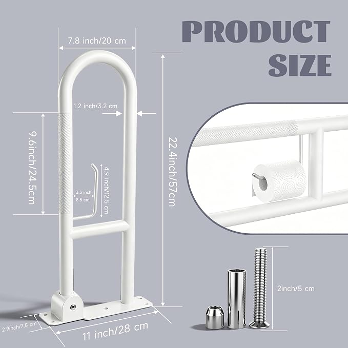 22.5 Inch Toilet Grab Bar, HUAS White Anti Slip Bathroom Toilet Safety Rails, U Shaped Flip-Up Handicap Grab Bars w/Paper Holder, Stainless Steel Support Handrail for Elderly Disabled Senior