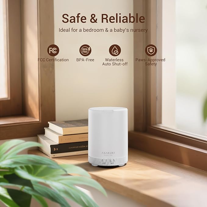 ASAKUKI Essential Oil Diffuser for Home, 300 ml Humidifier with Automatic Shut-Off, Quiet Aromatherapy Diffuser with 7 LED Lights for Living Room, Kitchen, Bedroom, Hotel - White Wood