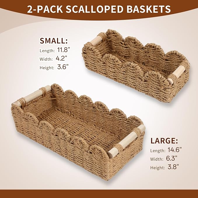Paper Rope Storage Basket Set of 2 with Wooden Handles - Scalloped Toilet Paper Organizer, Cute & Functional Home Decor for Bathroom or Living Room (Beige)