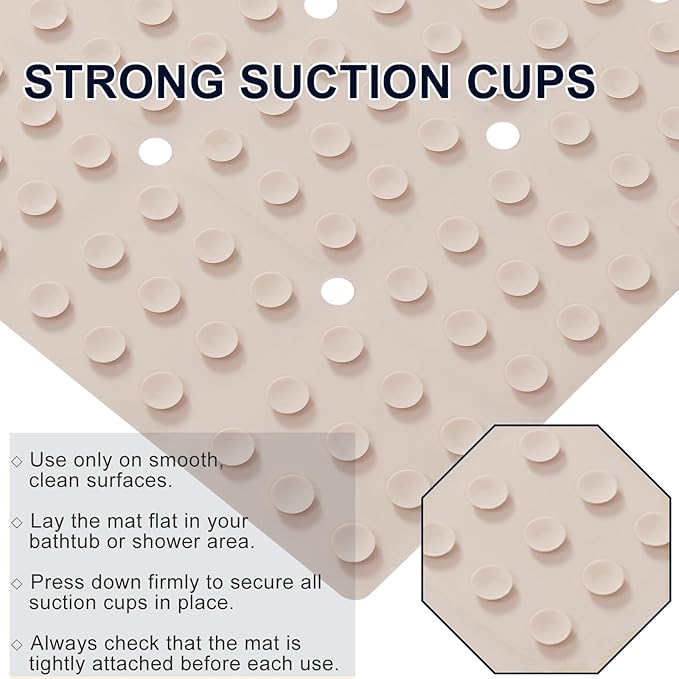 Webos Anti Slip Shower Mat for Tub & Shower Stall, 21" x 21" Square Silicone Bathtub Mat with Powerful Suction Cups, Fast-Draining, Machine Washable Soft Foldable Bathroom Mat, Beige