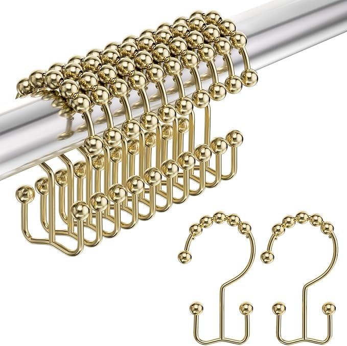 Amazer Gold Shower Curtain Hooks Rings, Stainless Steel Shower Curtain Rings, 12Pcs Double Glide Shower Hooks for Bathroom Shower Curtain Rods Dual Rust-Resistant Shower Rings