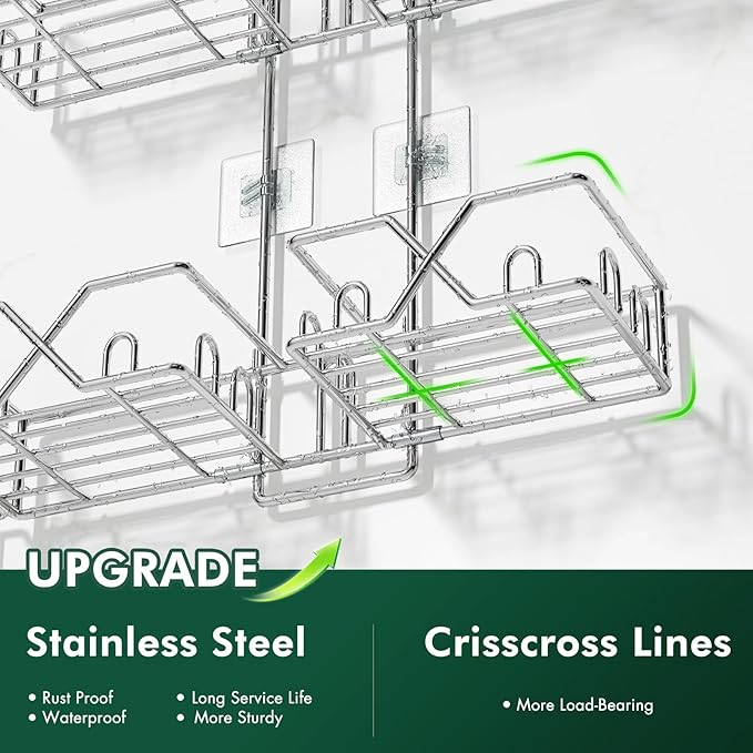 Sewulidon Stainless Steel Shower Caddy Hanging for Handheld Shower Heads,Rustproof Hose Shower Organizer Adjustable Length Shower Rack with 24 Hooks,Razor Holder,Soap Holder