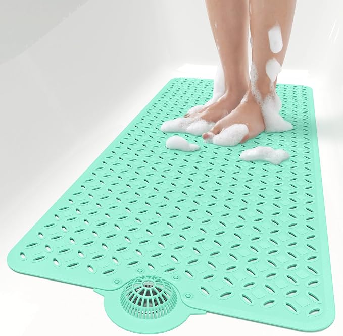 OTHWAY Bath Mat for Tub Non Slip: 39" X 17" Long Bathtub Mat with Hair Catcher│Big Drain Holes Shower Mats for Inside Shower│Machine Washable (Light Green)