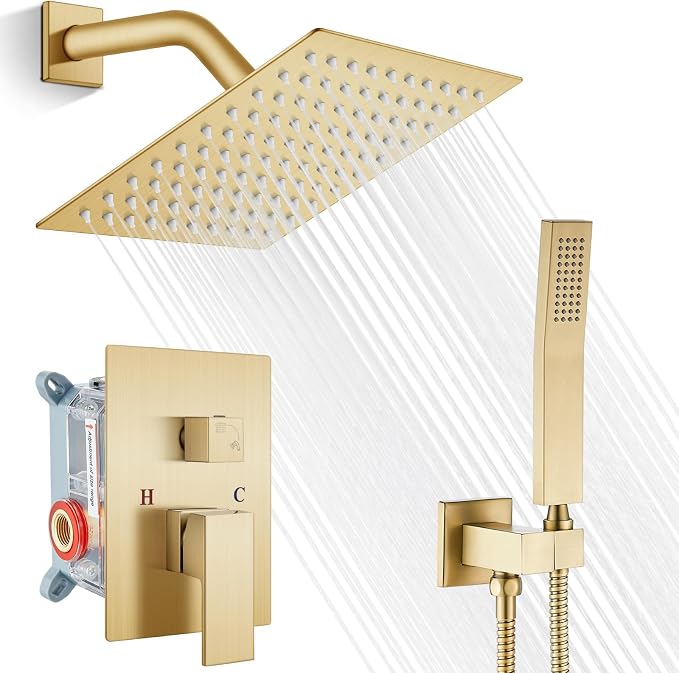 gotonovo Rainfall Bathroom Shower System Rain Shower Head and Handle Set Wall Mounted Shower Complete Combo Solid Brass Pressure Balancing Shower Mixer Valve 8 Inch Brushed Gold
