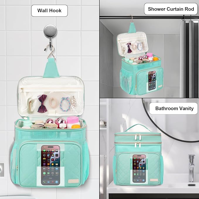 Portable Shower Caddy College Dorm Essentials, Large Toiletry Bag for Women Men, 2 Layers Quickly Dry Mesh Bathroom Tote Bag, Hanging Makeup Organizer Bag for Travel, Gym, Camping (Mint Green)