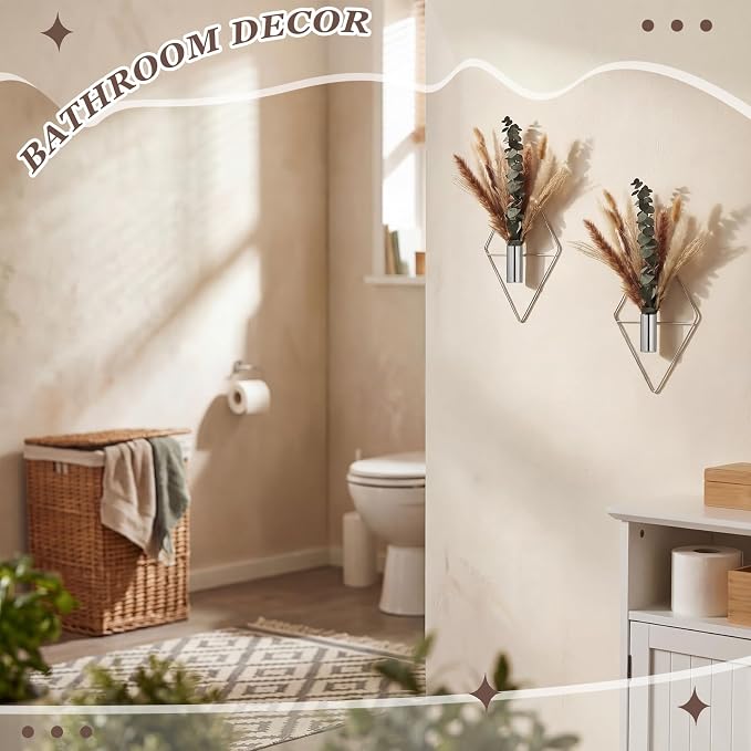 Jexine 4 Pcs Hanging Planters with Artificial Pampas Chrome Silver Metal Hanging Vase Indoor Plants Holder Modern Geometric Boho Bathroom Wall Decor for Living Room Home Office