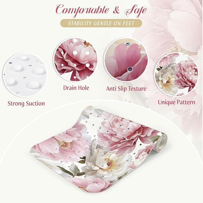 SHUCHING Vintage Peony Flower Bath Mat for Tub Non Slip-40 X 16Inch, Bathtub Mat Anti Slip for Women, Extra Long Shower Mat for Bathroom Mold Free, Machine Washable